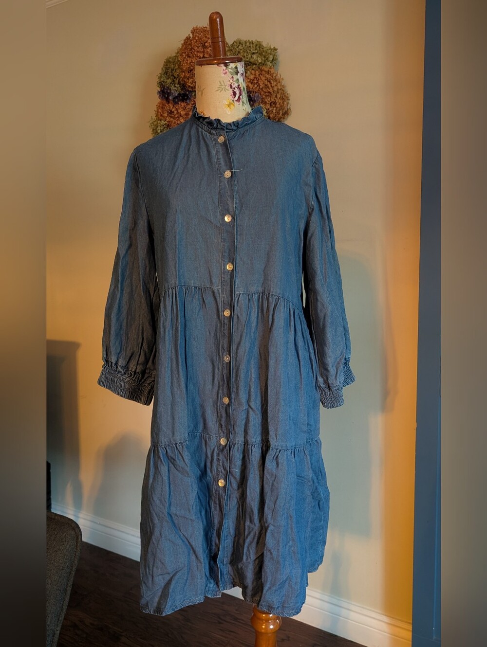 Claudia Italy Blue Button-Front Tiered Midi Dress